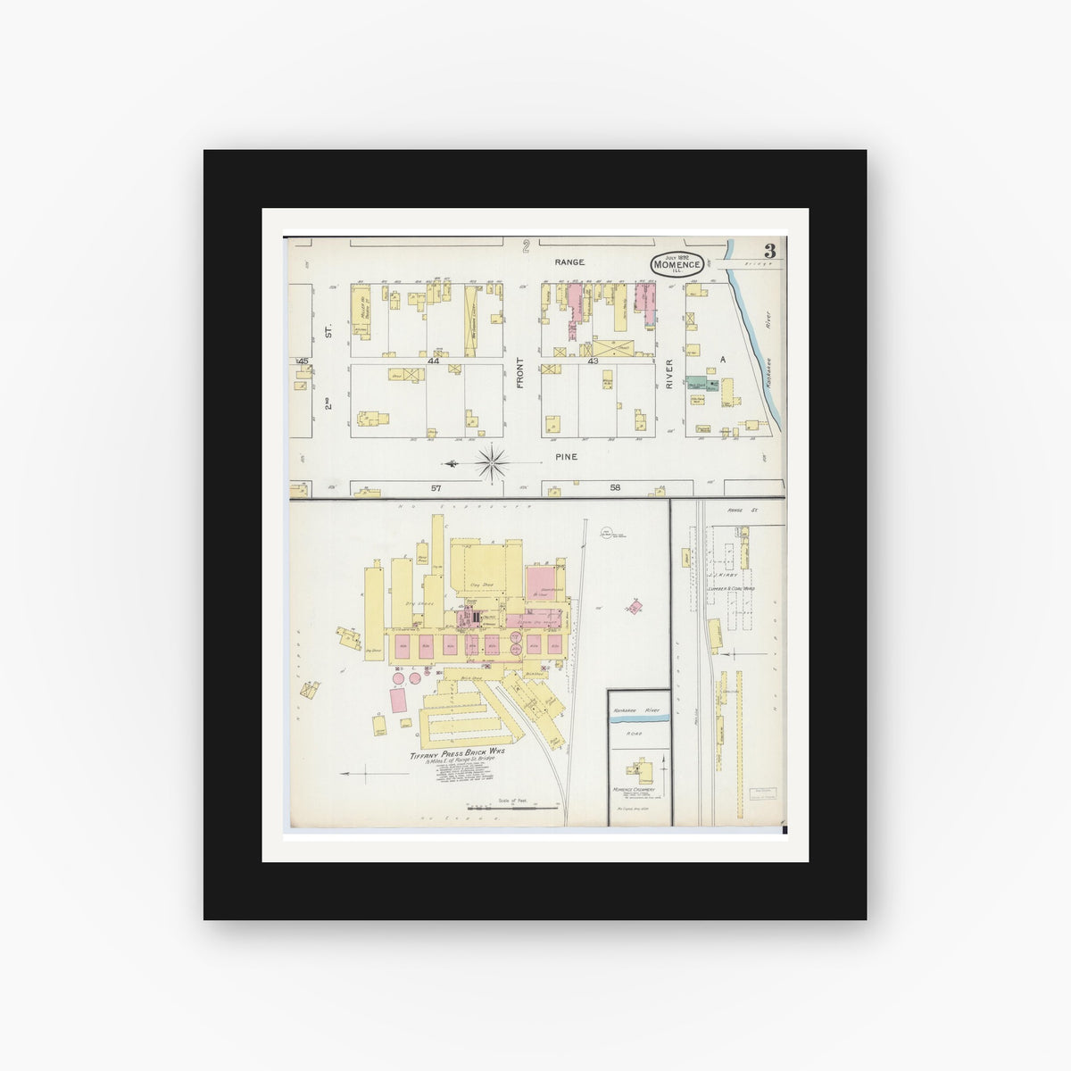 Old map wall art mockup — black gallery frame with white mat — Sanborn Fire Insurance Map from Momence, Kankakee County, Illinois (1892), Sheet #0003