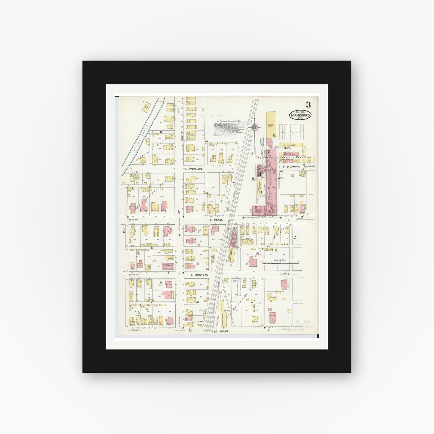 Old map wall art mockup — black gallery frame with white mat — Sanborn Fire Insurance Map from Miamisburg, Montgomery County, Ohio (1911), Sheet #0003