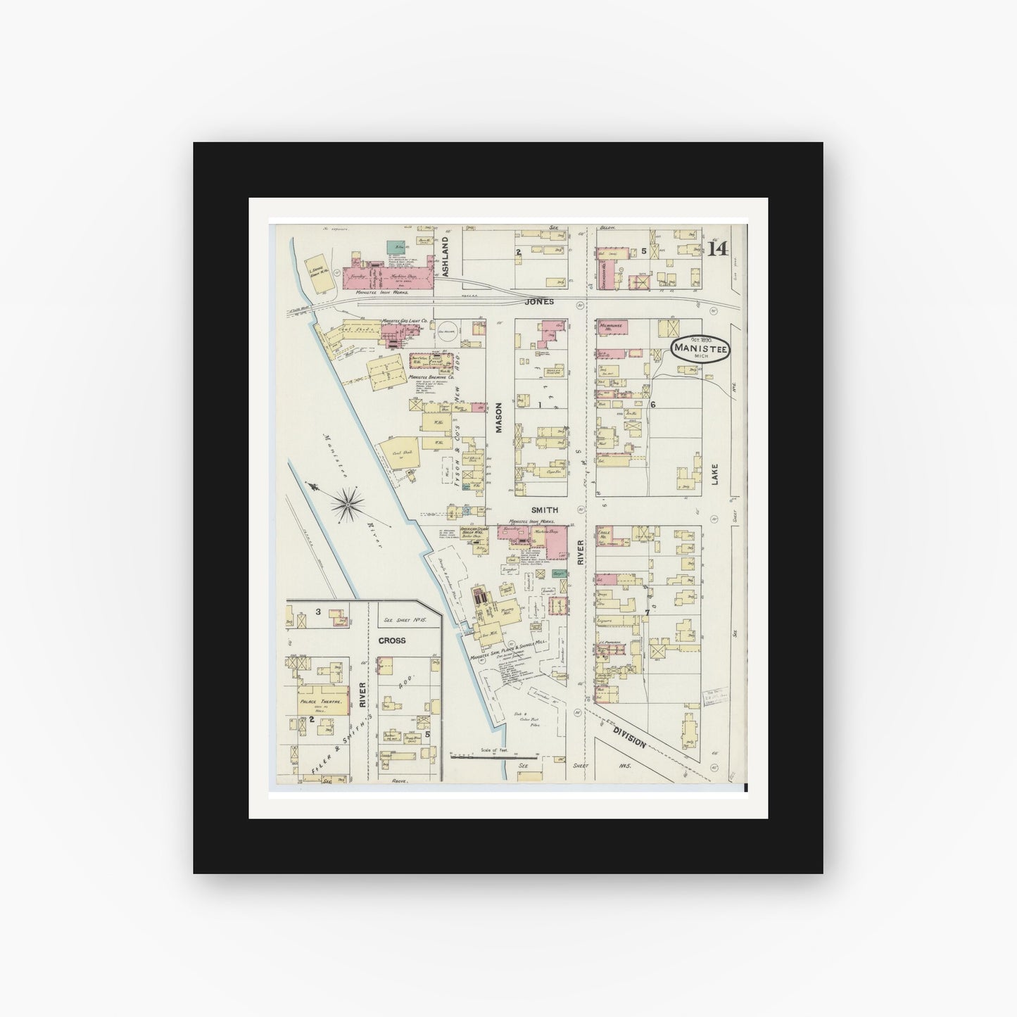 Old map wall art mockup — black gallery frame with white mat — Sanborn Fire Insurance Map from Manistee, Manistee County, Michigan (1890), Sheet #0014