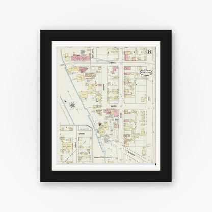 Old map wall art mockup — black gallery frame with white mat — Sanborn Fire Insurance Map from Manistee, Manistee County, Michigan (1890), Sheet #0014