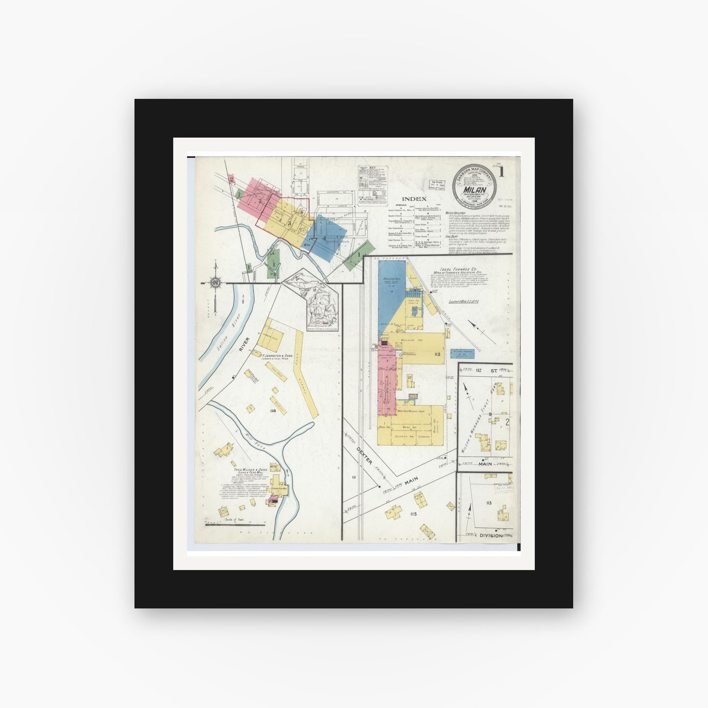 Old map wall art mockup — black gallery frame with white mat — Sanborn Fire Insurance Map from Milan, Washtenaw And Monroe Counties, Michigan (1916) - Complete Map Set