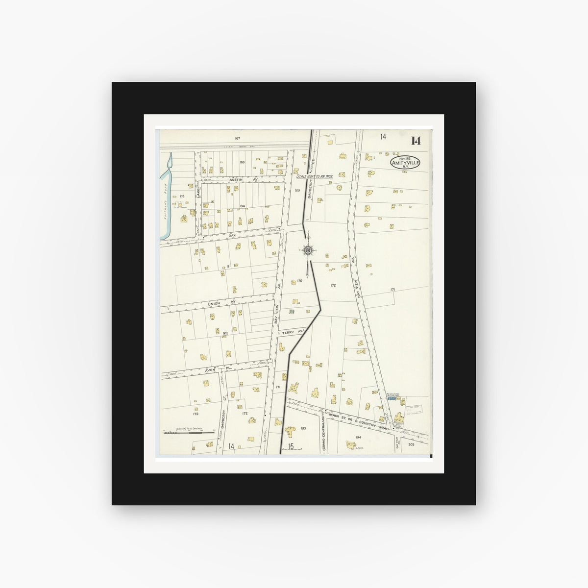 Old map wall art mockup — black gallery frame with white mat — Sanborn Fire Insurance Map from Amityville, Suffolk County, New York (1915), Sheet #0014