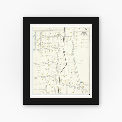 Old map wall art mockup — black gallery frame with white mat — Sanborn Fire Insurance Map from Amityville, Suffolk County, New York (1915), Sheet #0014