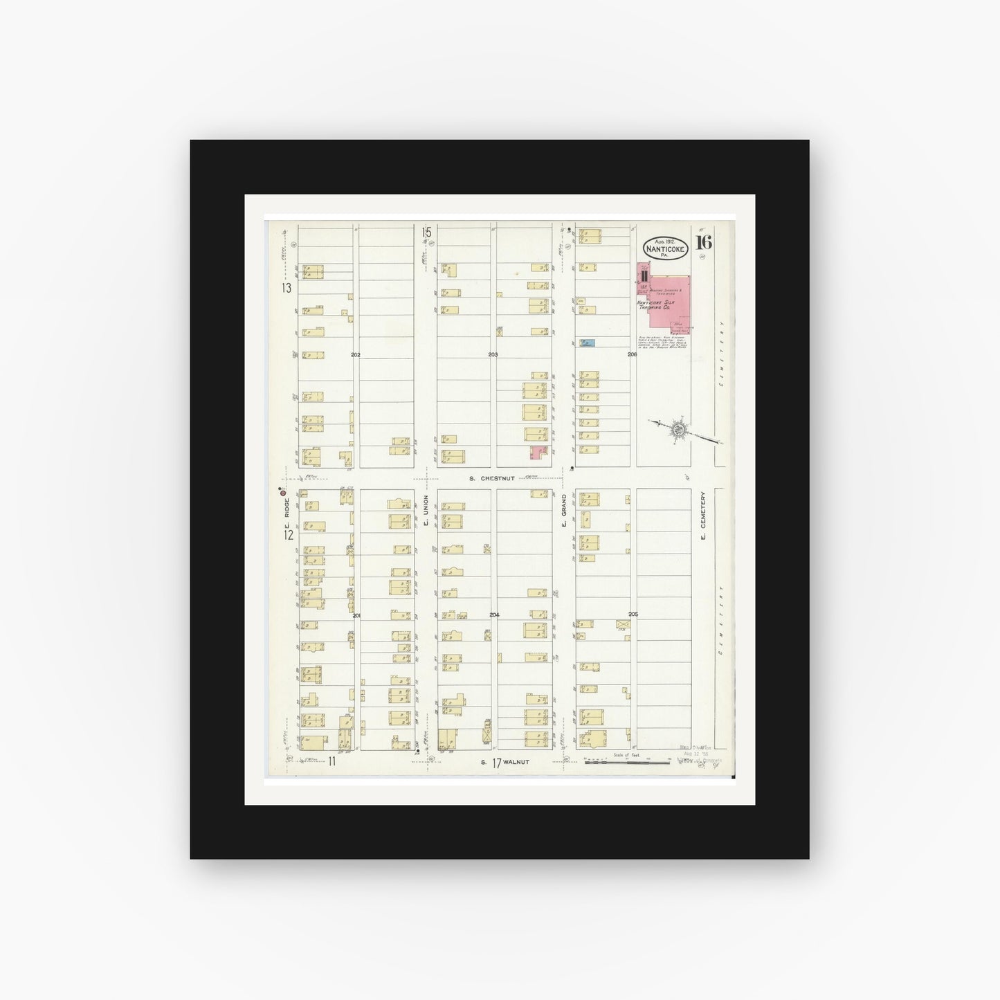 Old map wall art mockup — black gallery frame with white mat — Sanborn Fire Insurance Map from Nanticoke, Luzerne County, Pennsylvania (1912), Sheet #0016