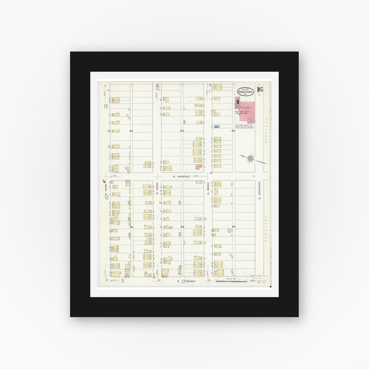 Old map wall art mockup — black gallery frame with white mat — Sanborn Fire Insurance Map from Nanticoke, Luzerne County, Pennsylvania (1912), Sheet #0016