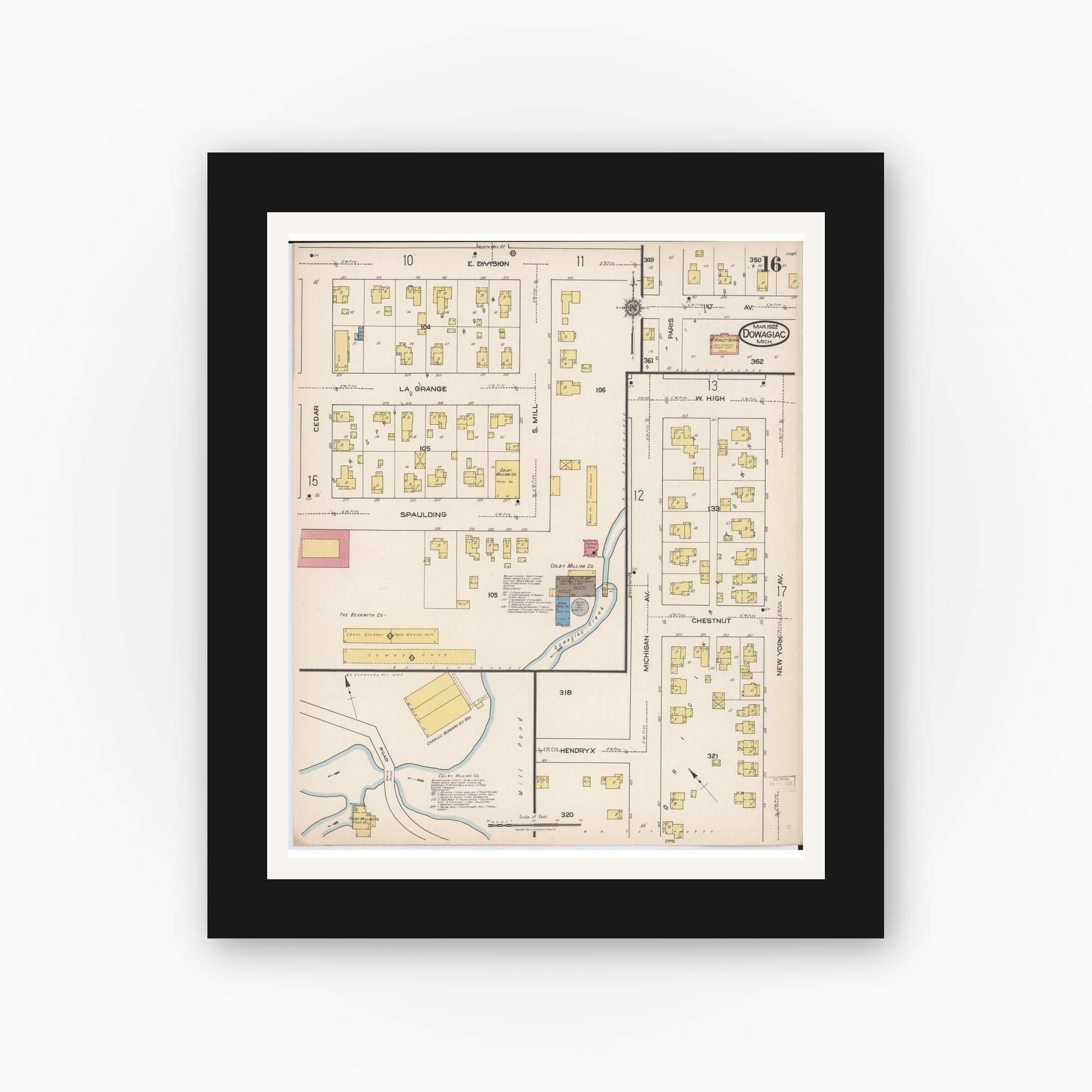 Old map wall art mockup — black gallery frame with white mat — Sanborn Fire Insurance Map from Dowagiac, Cass County, Michigan (1922), Sheet #0016