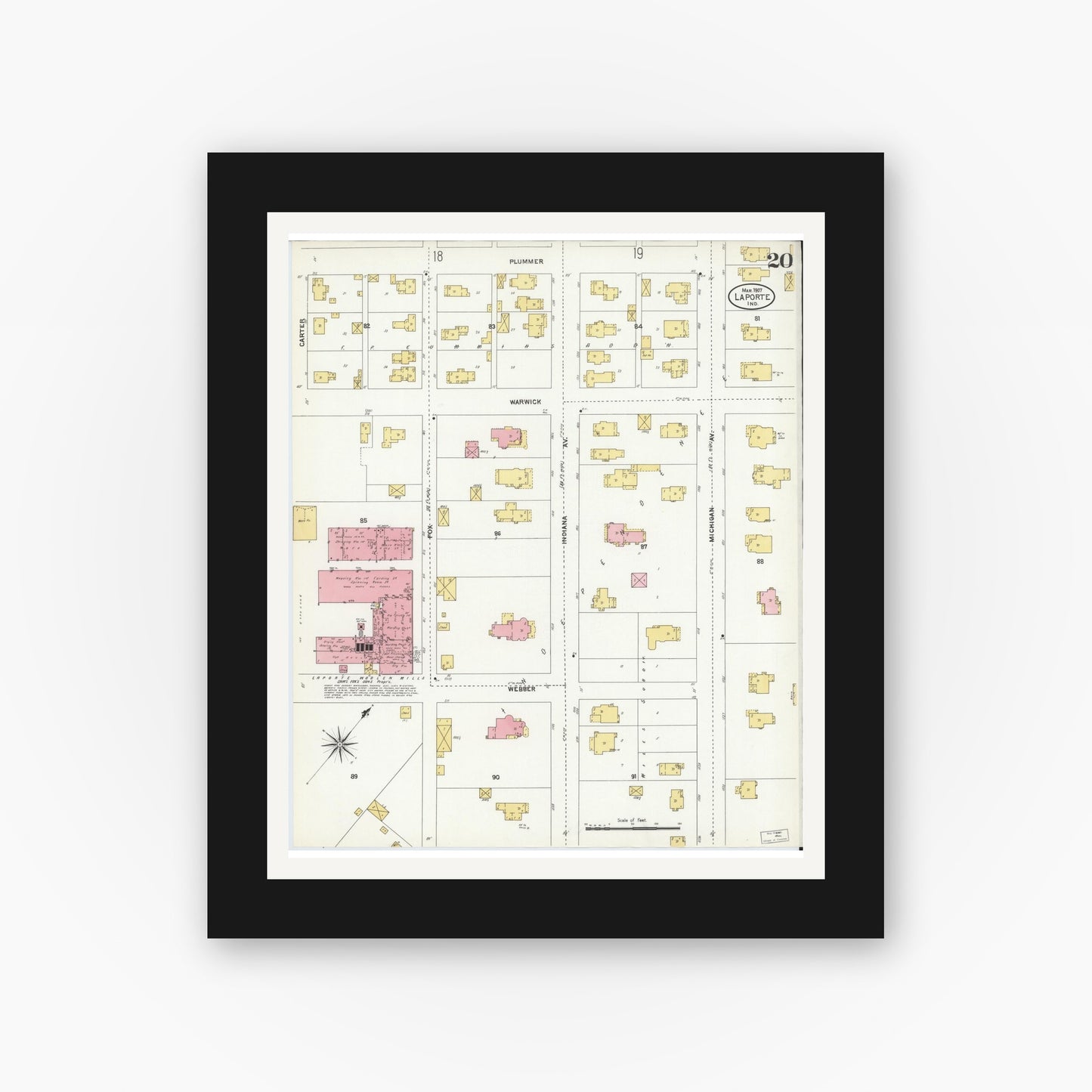 Old map wall art mockup — black gallery frame with white mat — Sanborn Fire Insurance Map from La Porte, La Porte County, Indiana (1907), Sheet #0020