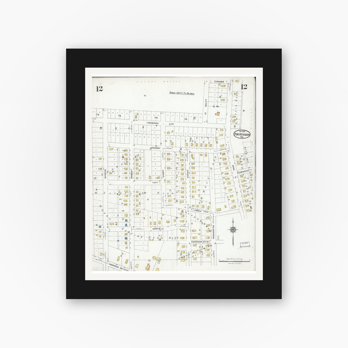 Old map wall art mockup — black gallery frame with white mat — Sanborn Fire Insurance Map from Fort Atkinson, Jefferson County, Wisconsin (1924), Sheet #0012