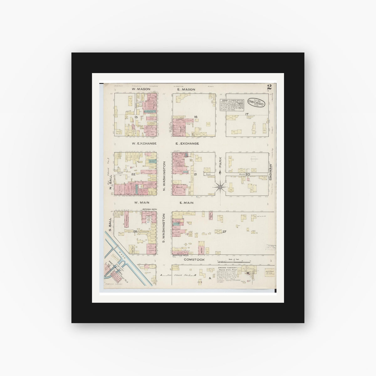 Old map wall art mockup — black gallery frame with white mat — Sanborn Fire Insurance Map from Owosso, Shiawassee County, Michigan (1884), Sheet #0002