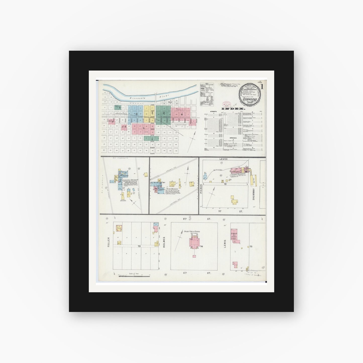 Old map wall art mockup — black gallery frame with white mat — Sanborn Fire Insurance Map from Shakopee, Scott County, Minnesota (1895) - Complete Map Set