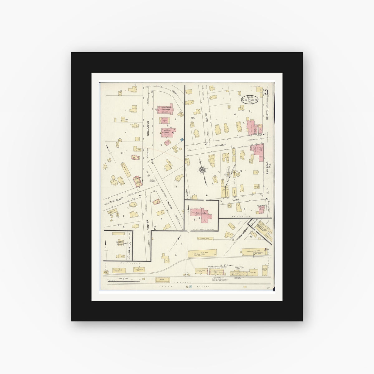 Old map wall art mockup — black gallery frame with white mat — Sanborn Fire Insurance Map from Sun Prairie, Dane County, Wisconsin (1912), Sheet #0003