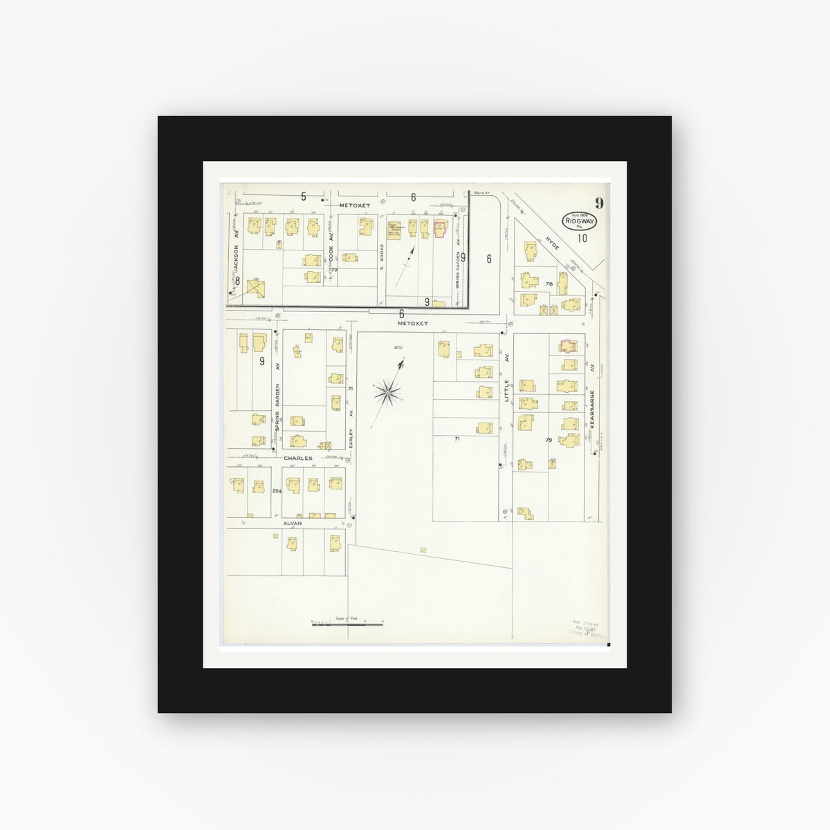 Old map wall art mockup — black gallery frame with white mat — Sanborn Fire Insurance Map from Ridgway, Elk County, Pennsylvania (1909), Sheet #0009