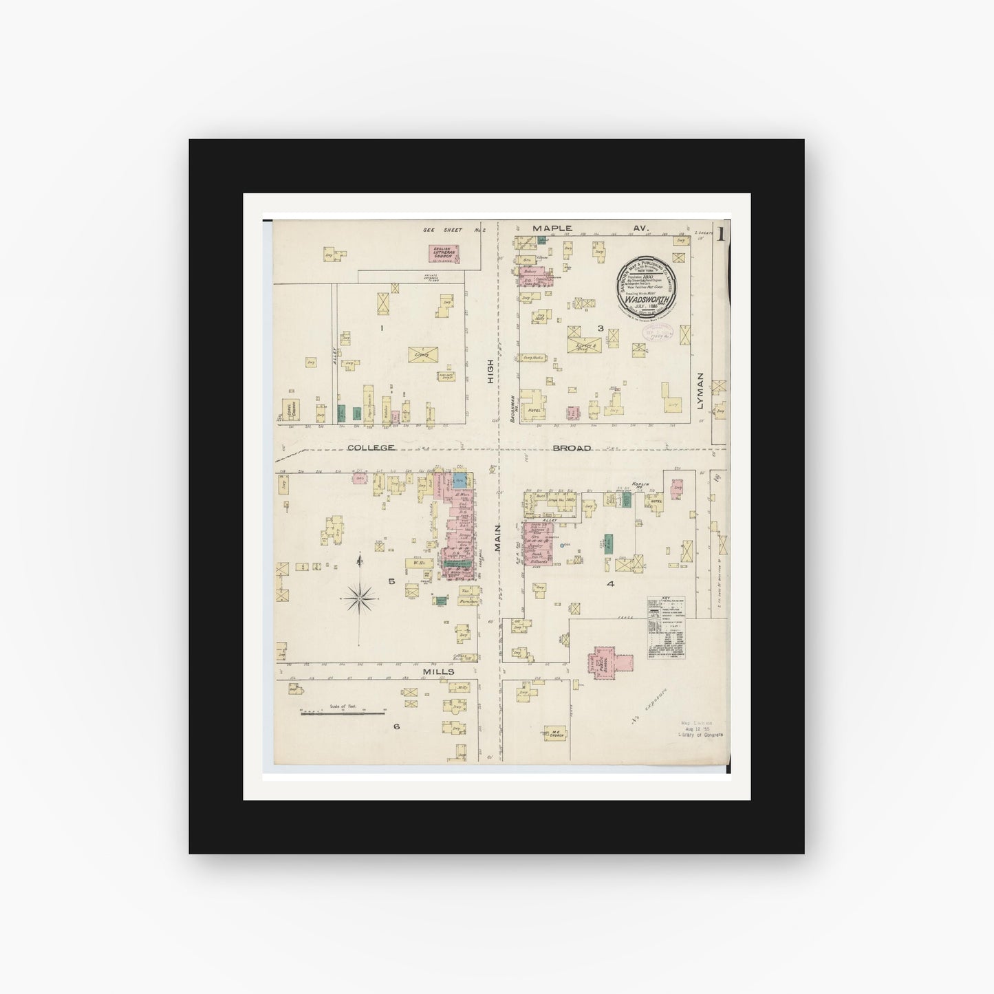 Old map wall art mockup — black gallery frame with white mat — Sanborn Fire Insurance Map from Wadsworth, Medina County, Ohio (1885) - Complete Map Set