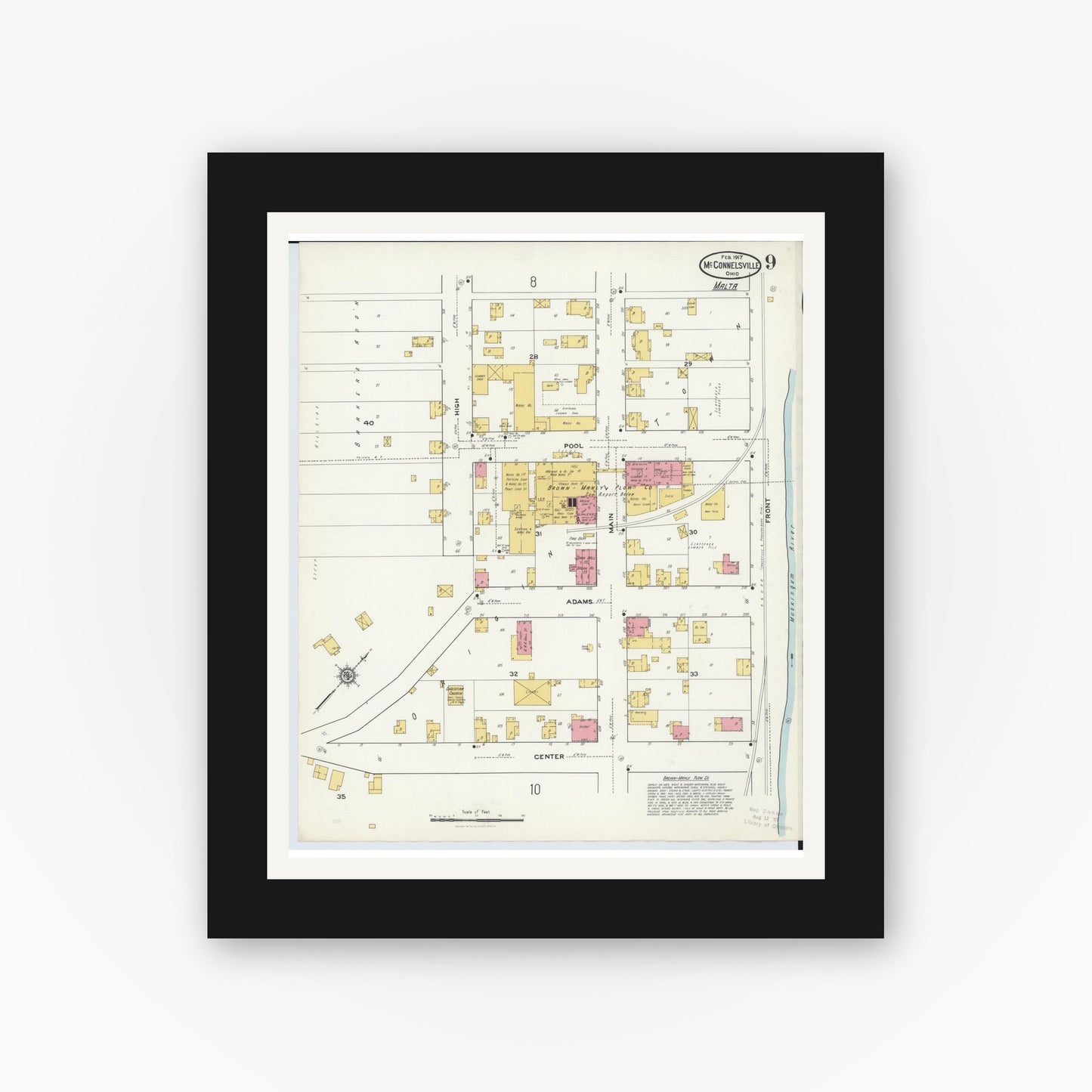 Old map wall art mockup — black gallery frame with white mat — Sanborn Fire Insurance Map from McConnelsville, Morgan County, Ohio (1917), Sheet #0009