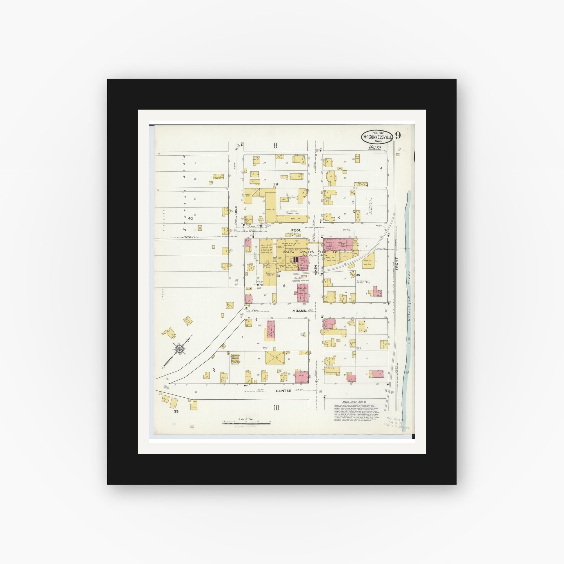 Old map wall art mockup — black gallery frame with white mat — Sanborn Fire Insurance Map from McConnelsville, Morgan County, Ohio (1917), Sheet #0009
