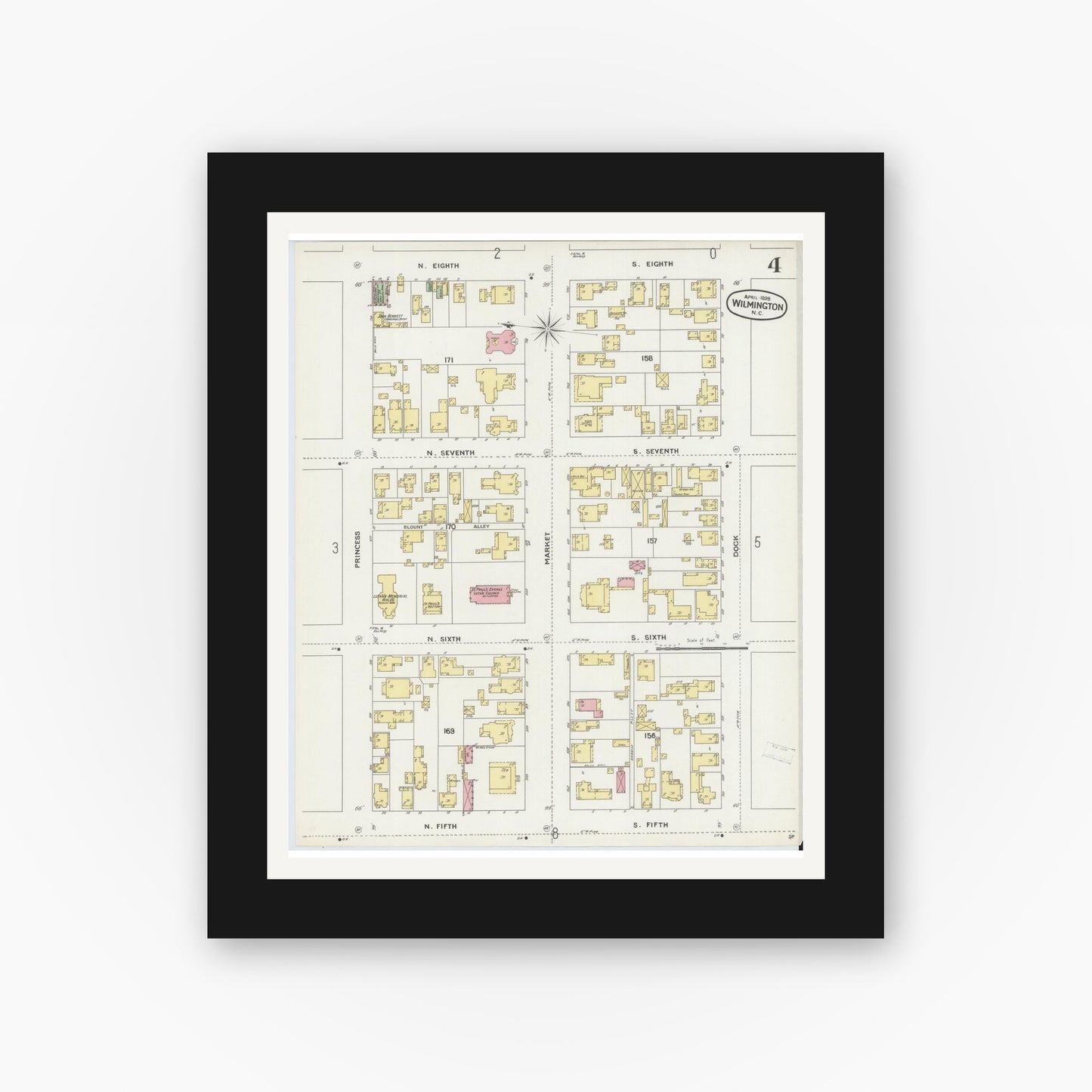 Old map wall art mockup — black gallery frame with white mat — Sanborn Fire Insurance Map from Wilmington, New Hanover County, North Carolina (1898), Sheet #0004