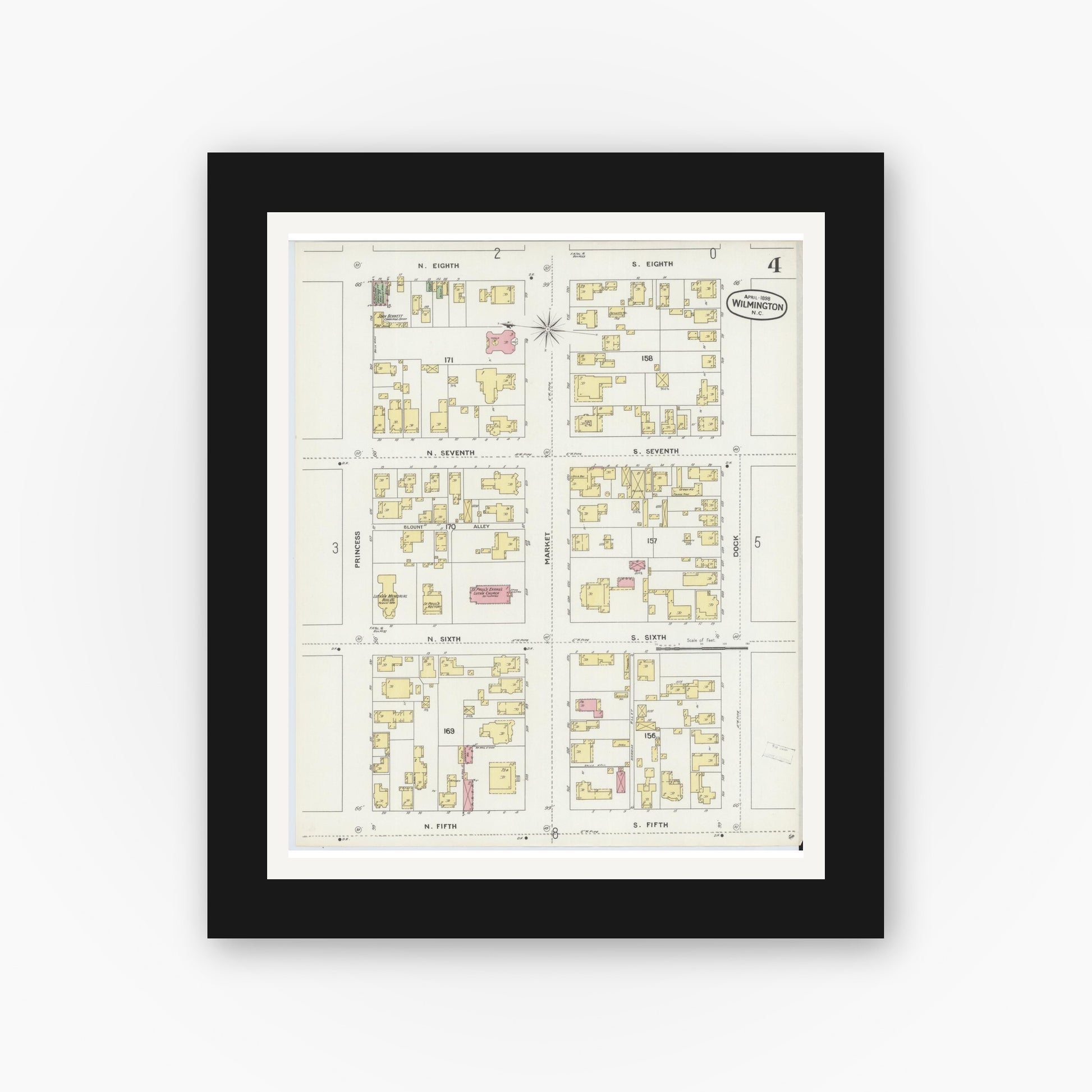 Old map wall art mockup — black gallery frame with white mat — Sanborn Fire Insurance Map from Wilmington, New Hanover County, North Carolina (1898), Sheet #0004
