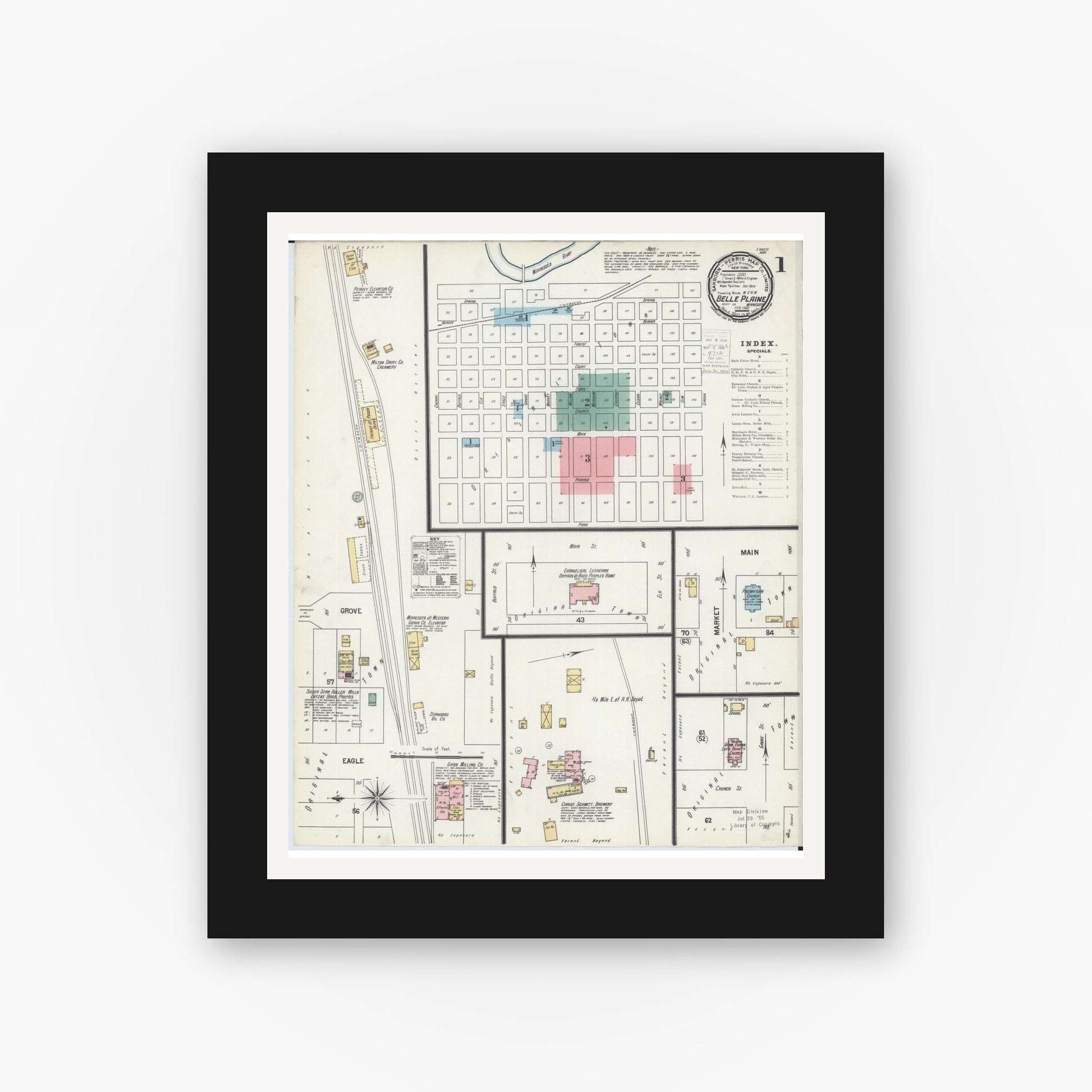 Old map wall art mockup — black gallery frame with white mat — Sanborn Fire Insurance Map from Belle Plaine, Scott County, Minnesota (1900), Sheet #0001