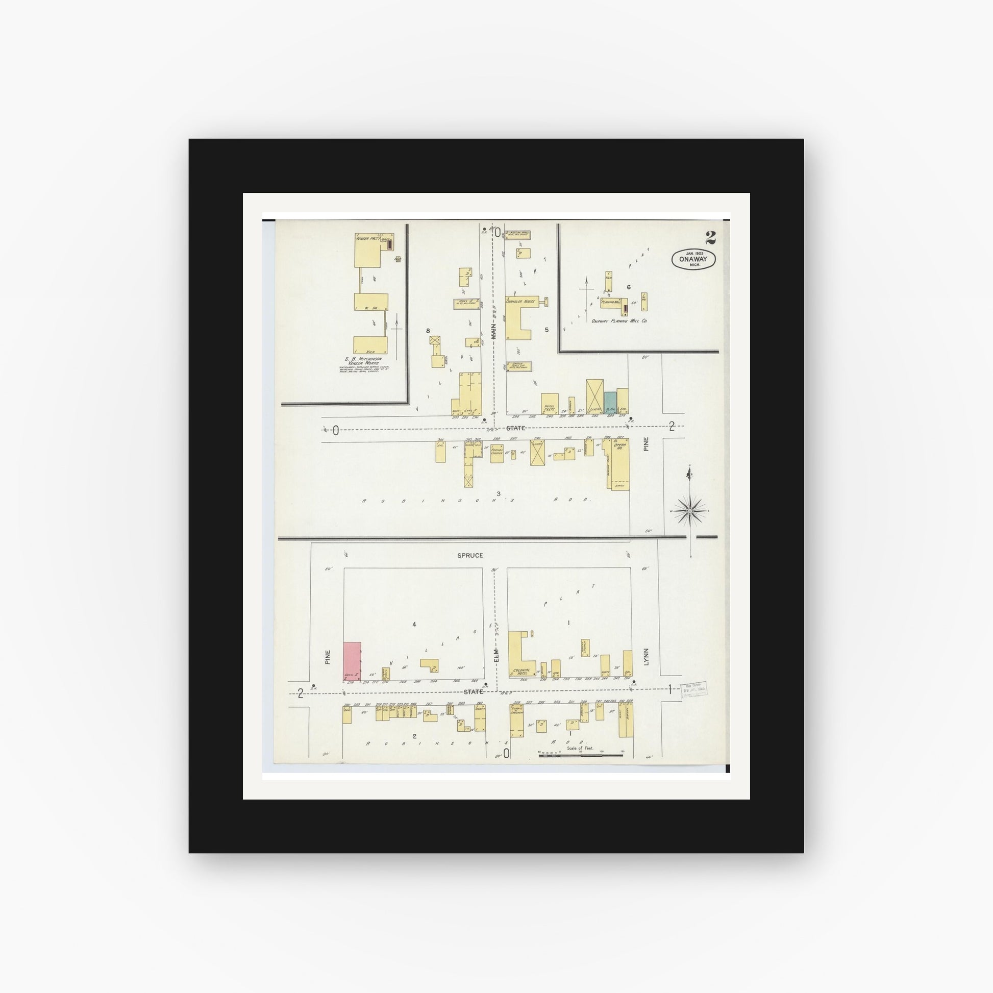 Old map wall art mockup — black gallery frame with white mat — Sanborn Fire Insurance Map from Onaway, Presque Isle County, Michigan (1903), Sheet #0002