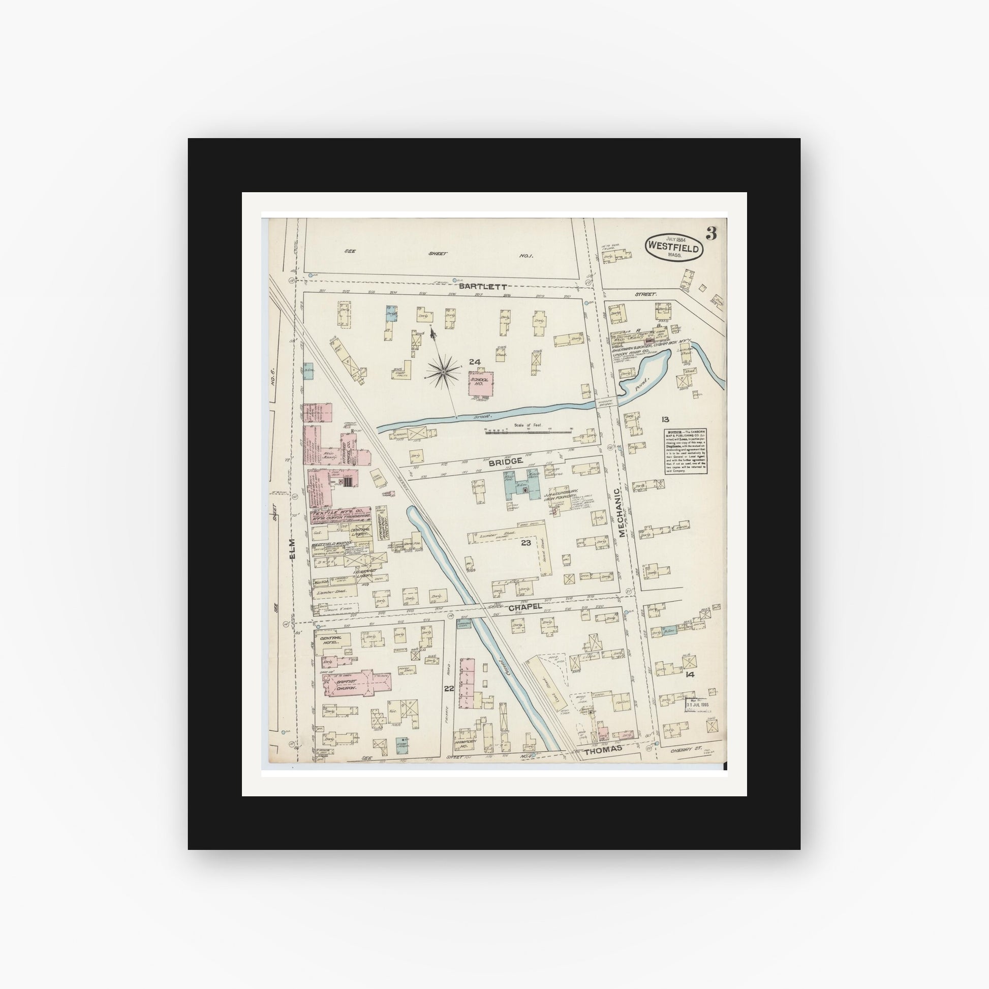 Old map wall art mockup — black gallery frame with white mat — Sanborn Fire Insurance Map from Westfield, Hampden County, Massachusetts (1884), Sheet #0003