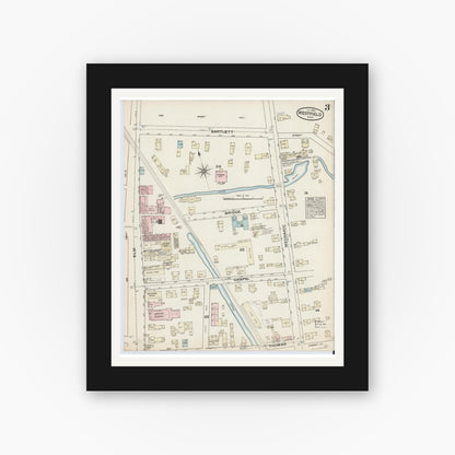 Old map wall art mockup — black gallery frame with white mat — Sanborn Fire Insurance Map from Westfield, Hampden County, Massachusetts (1884), Sheet #0003