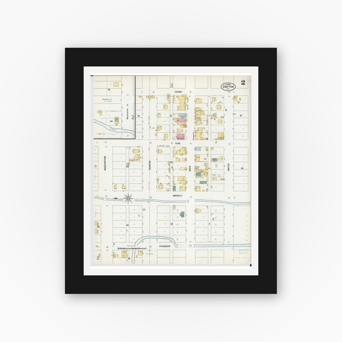 Old map wall art mockup — black gallery frame with white mat — Sanborn Fire Insurance Map from Grafton, Jersey County, Illinois (1900), Sheet #0002