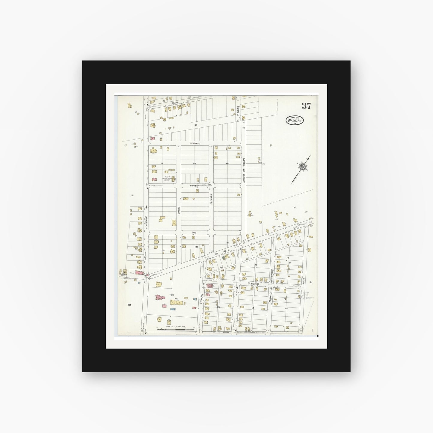 Old map wall art mockup — black gallery frame with white mat — Sanborn Fire Insurance Map from Warren, Warren County, Pennsylvania (1912), Sheet #0037