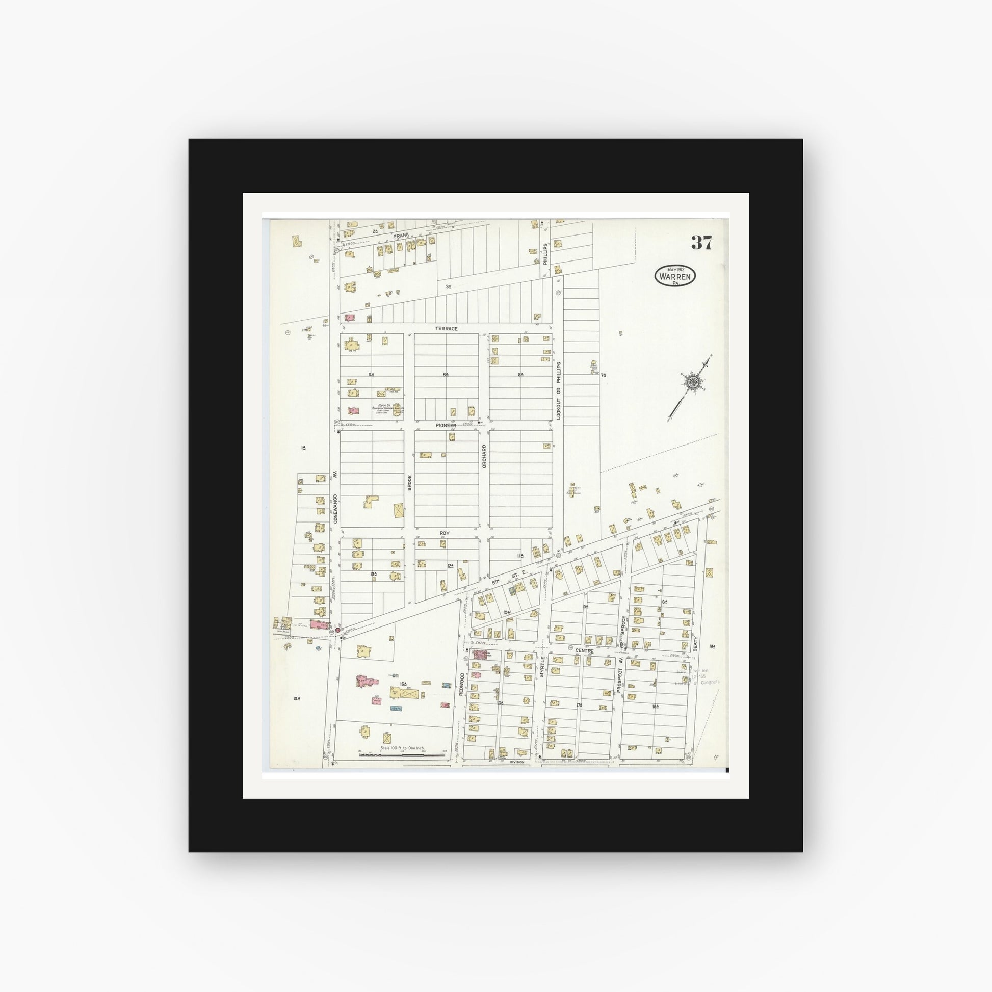 Old map wall art mockup — black gallery frame with white mat — Sanborn Fire Insurance Map from Warren, Warren County, Pennsylvania (1912), Sheet #0037