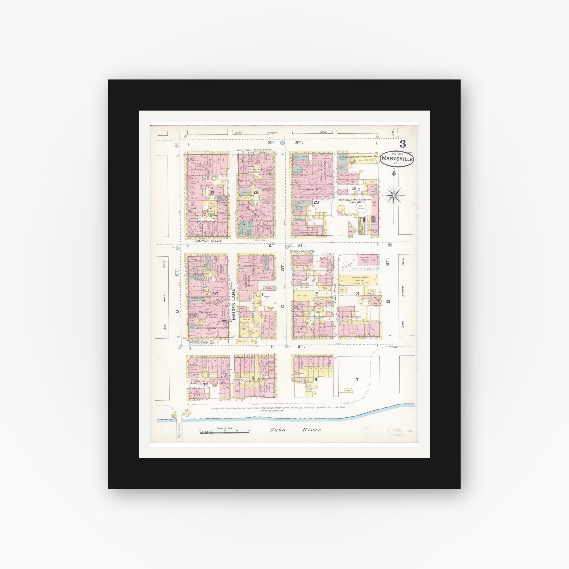 Old map wall art mockup — black gallery frame with white mat — Sanborn Fire Insurance Map from Marysville, Yuba County, California (1890), Sheet #0003