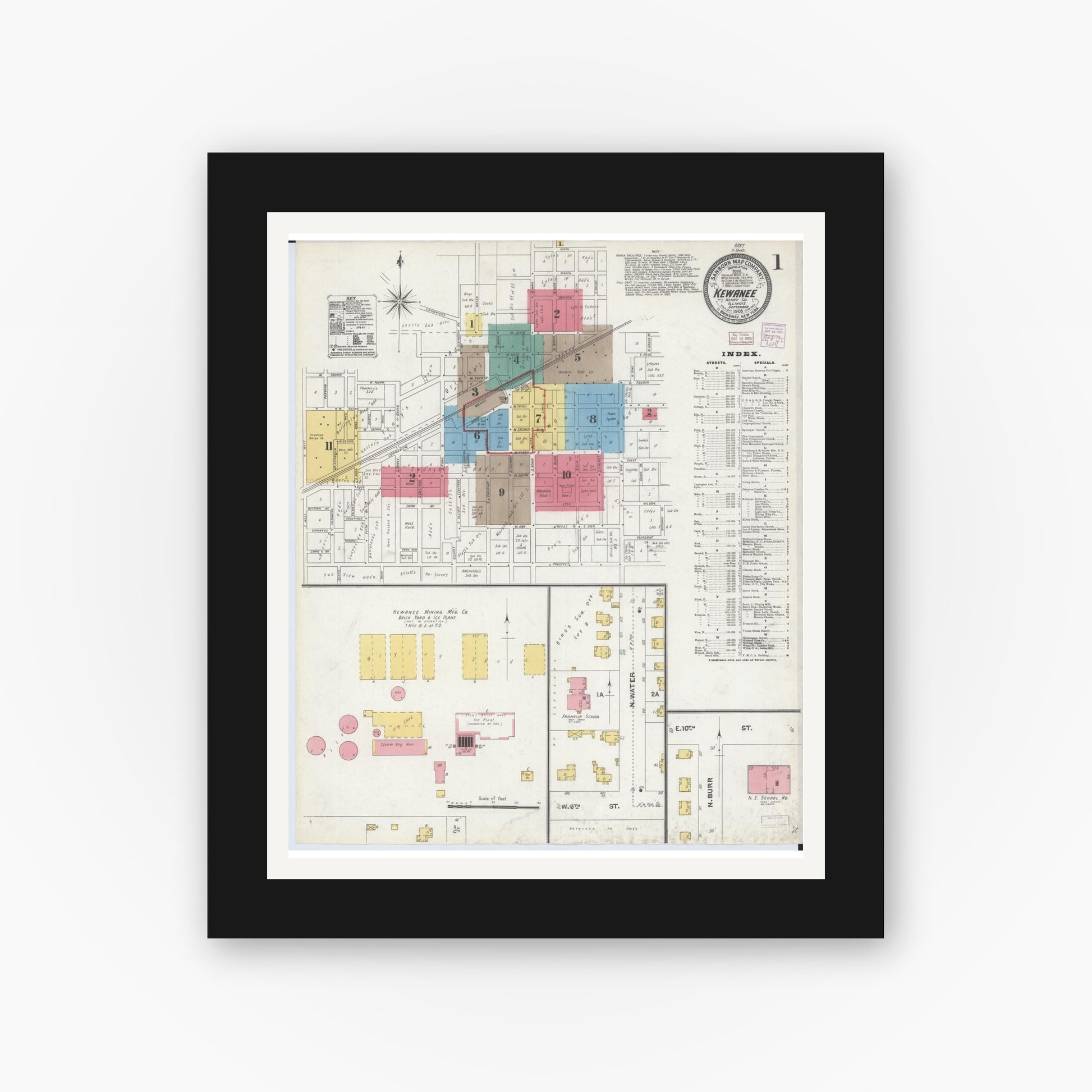 Old map wall art mockup — black gallery frame with white mat — Sanborn Fire Insurance Map from Kewanee, Henry County, Illinois (1905) - Complete Map Set