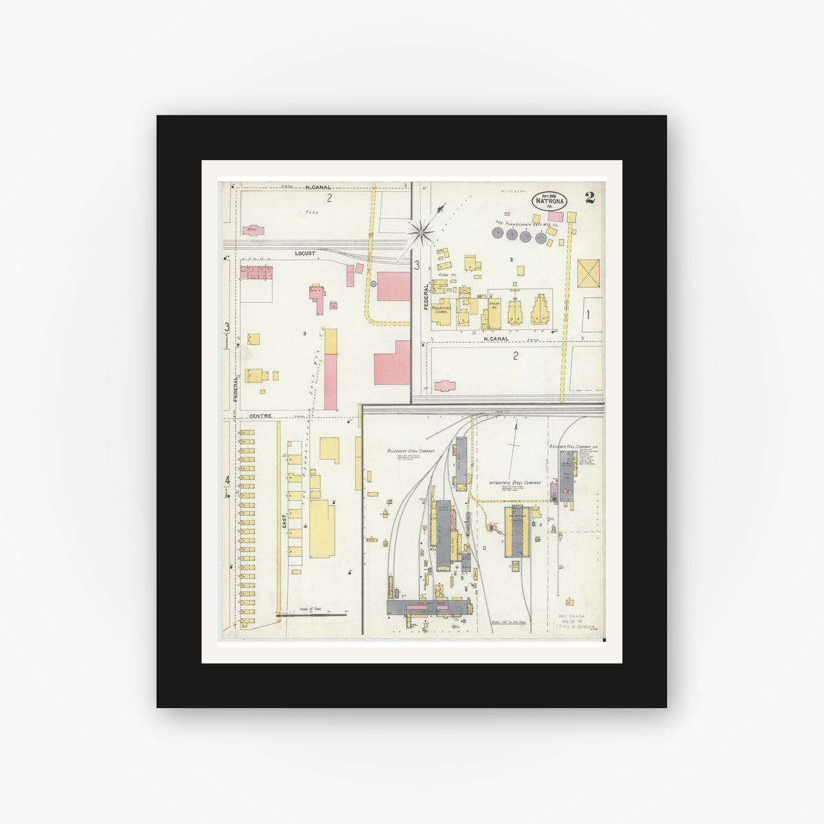 Old map wall art mockup — black gallery frame with white mat — Sanborn Fire Insurance Map from Natrona, Allegheny County, Pennsylvania (1906), Sheet #0002