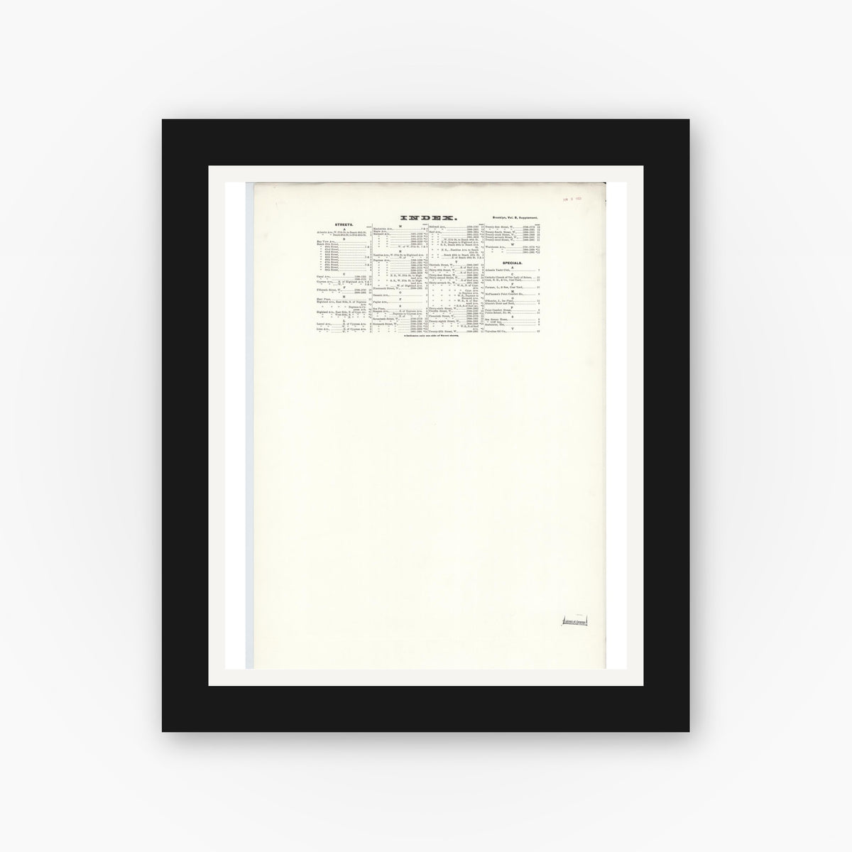 Old map wall art mockup — black gallery frame with white mat — Sanborn Fire Insurance Map from Brooklyn, King  County, New York (1905), Sheet #0001