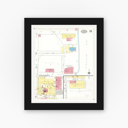 Old map wall art mockup — black gallery frame with white mat — Sanborn Fire Insurance Map from Clinton, Clinton County, Iowa (1917), Sheet #0021