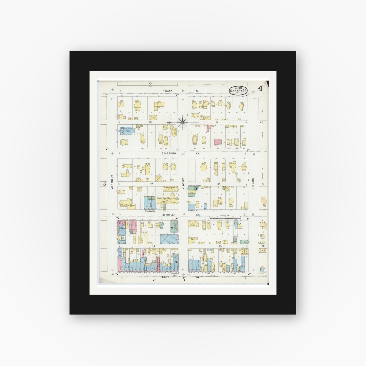 Old map wall art mockup — black gallery frame with white mat — Sanborn Fire Insurance Map from Kankakee, Kankakee County, Illinois (1896), Sheet #0004