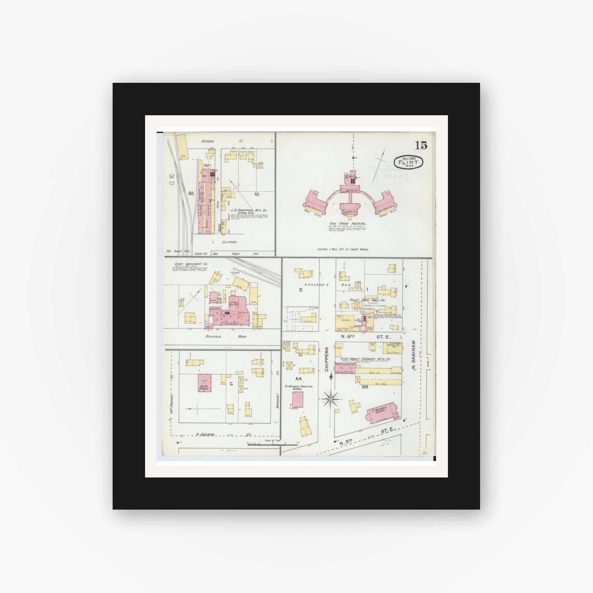 Old map wall art mockup — black gallery frame with white mat — Sanborn Fire Insurance Map from Flint, Genesee County, Michigan (1892), Sheet #0015