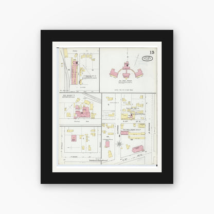 Old map wall art mockup — black gallery frame with white mat — Sanborn Fire Insurance Map from Flint, Genesee County, Michigan (1892), Sheet #0015