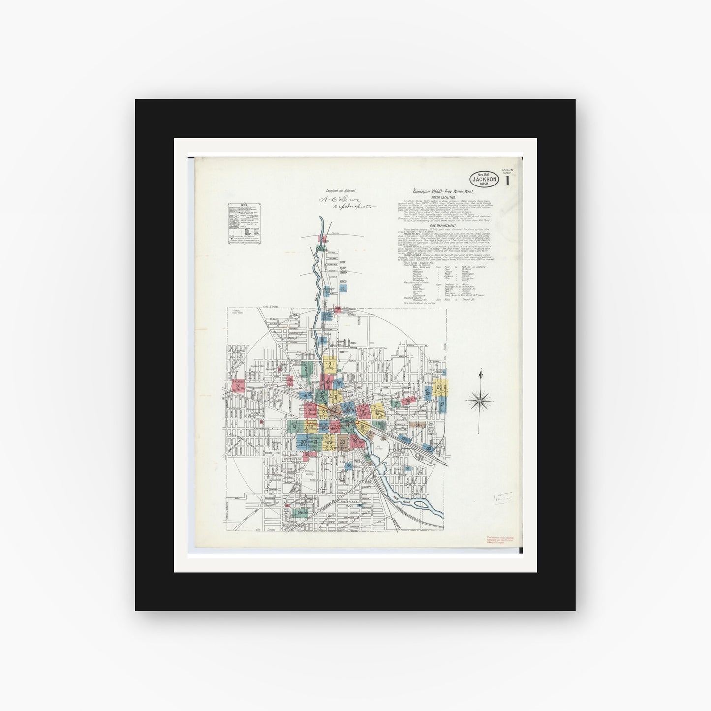 Old map wall art mockup — black gallery frame with white mat — Sanborn Fire Insurance Map from Jackson, Jackson County, Michigan (1899) - Complete Map Set