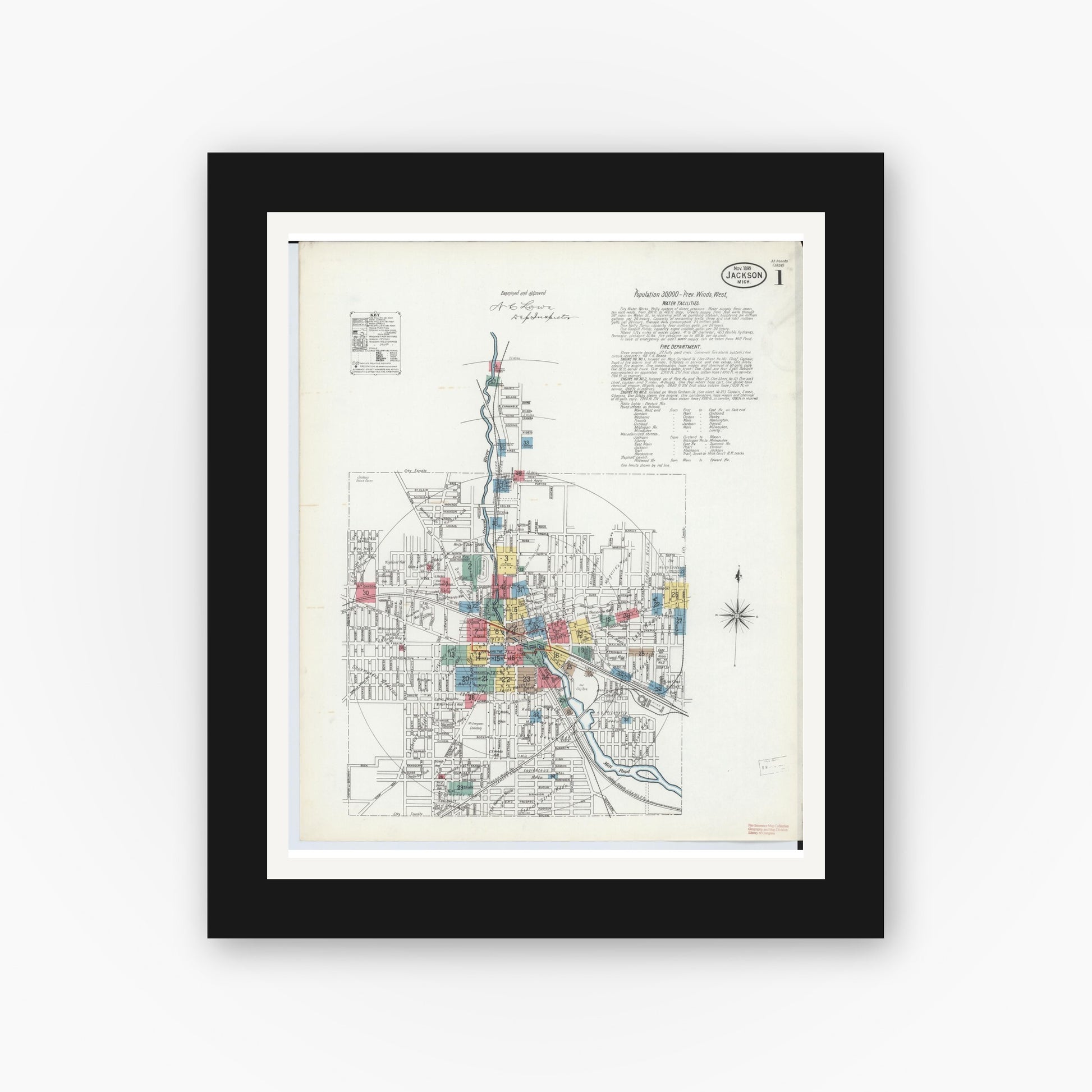 Old map wall art mockup — black gallery frame with white mat — Sanborn Fire Insurance Map from Jackson, Jackson County, Michigan (1899) - Complete Map Set