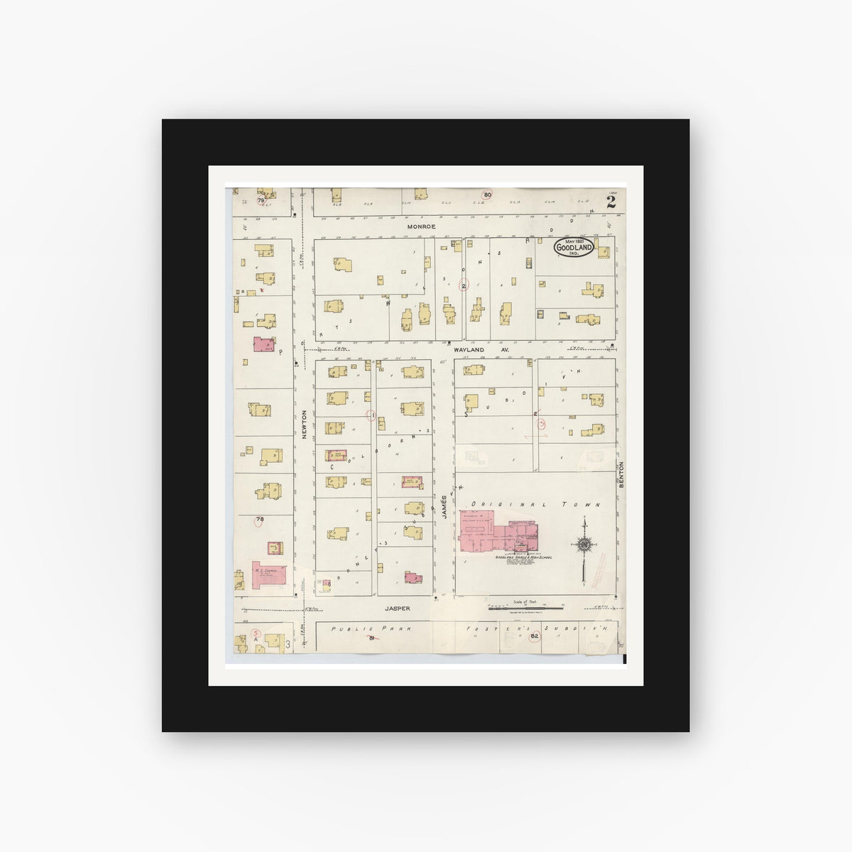 Old map wall art mockup — black gallery frame with white mat — Sanborn Fire Insurance Map from Goodland, Newton County, Indiana (1933), Sheet #0002