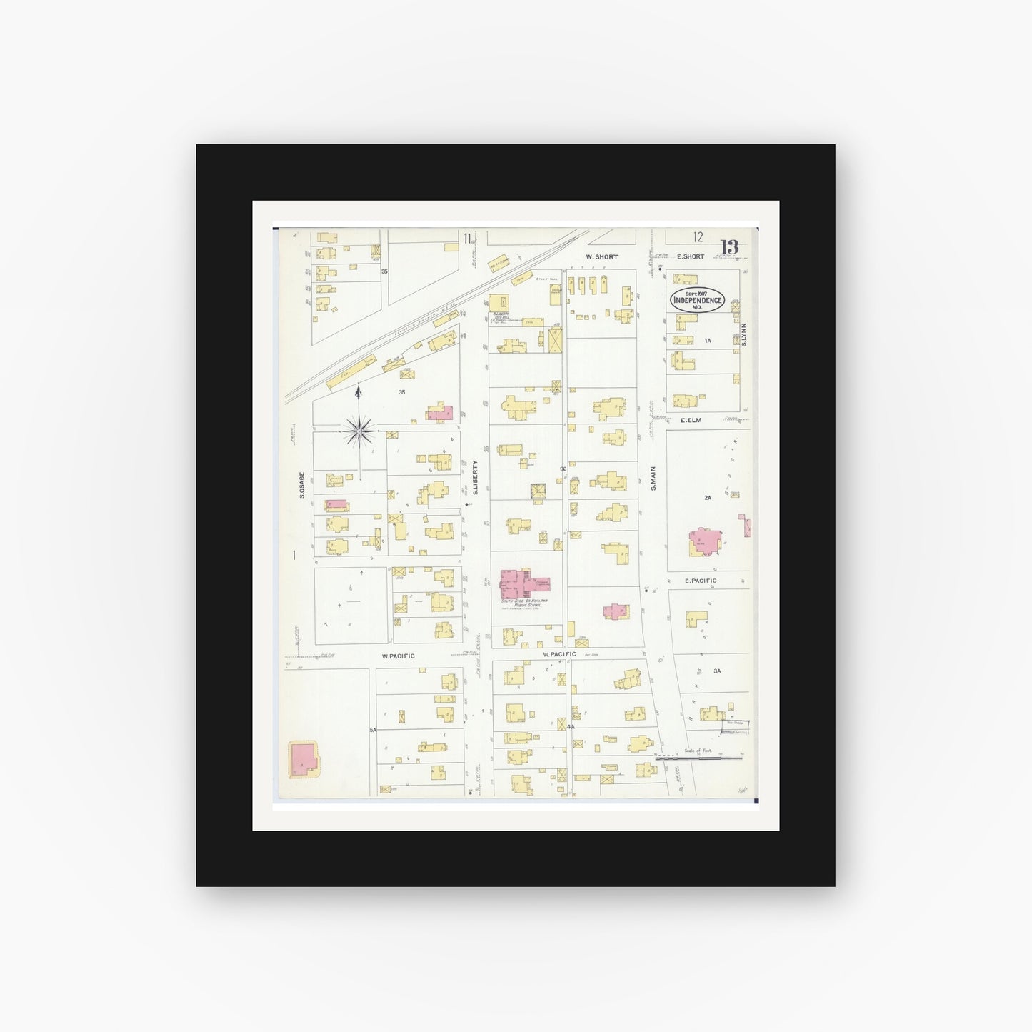 Old map wall art mockup — black gallery frame with white mat — Sanborn Fire Insurance Map from Independence, Jackson County, Missouri (1907), Sheet #0013
