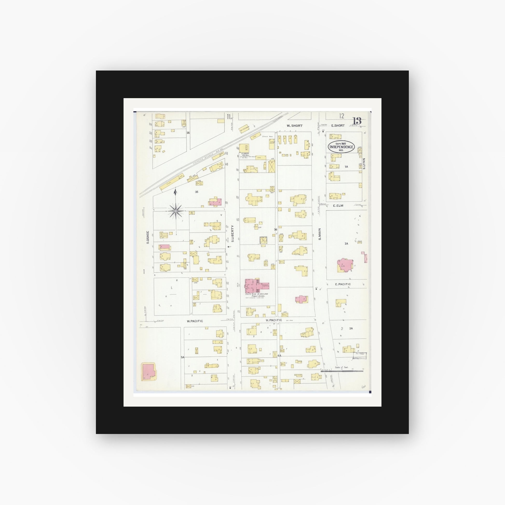 Old map wall art mockup — black gallery frame with white mat — Sanborn Fire Insurance Map from Independence, Jackson County, Missouri (1907), Sheet #0013