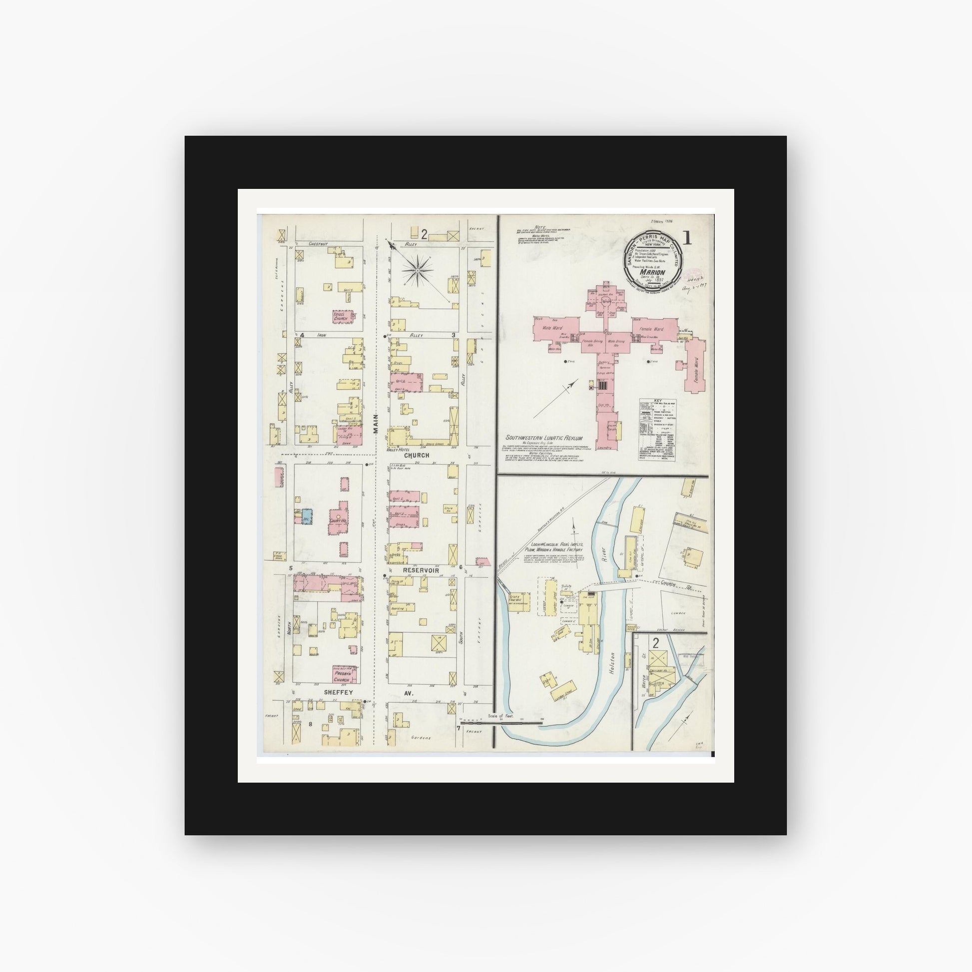 Old map wall art mockup — black gallery frame with white mat — Sanborn Fire Insurance Map from Marion, Smyth County, Virginia (1897) - Complete Map Set