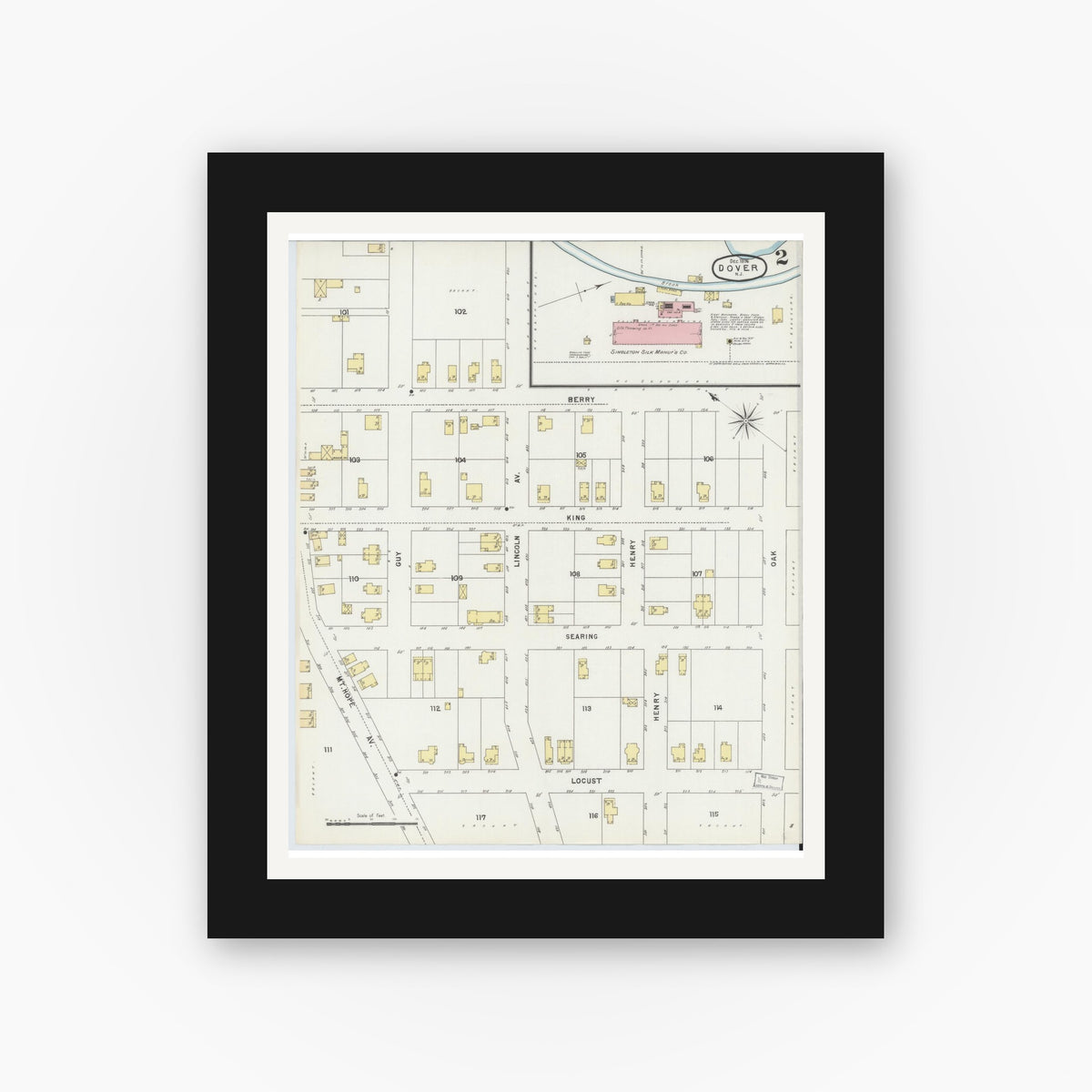 Old map wall art mockup — black gallery frame with white mat — Sanborn Fire Insurance Map from Dover, Morris County, New Jersey (1896) - Complete Map Set