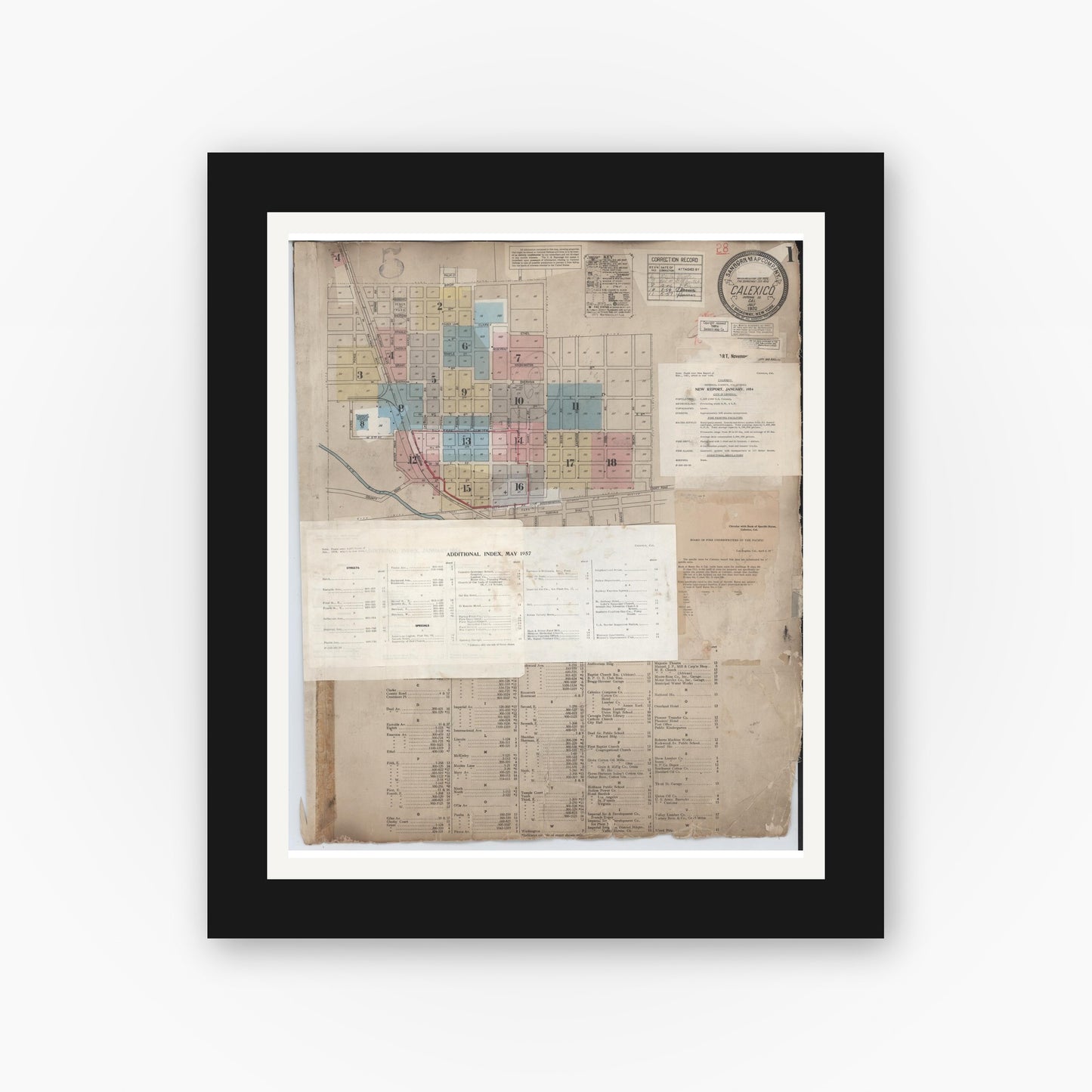 Old map wall art mockup — black gallery frame with white mat — Sanborn Fire Insurance Map from Calexico, Imperial County, California (1956), Sheet #0001
