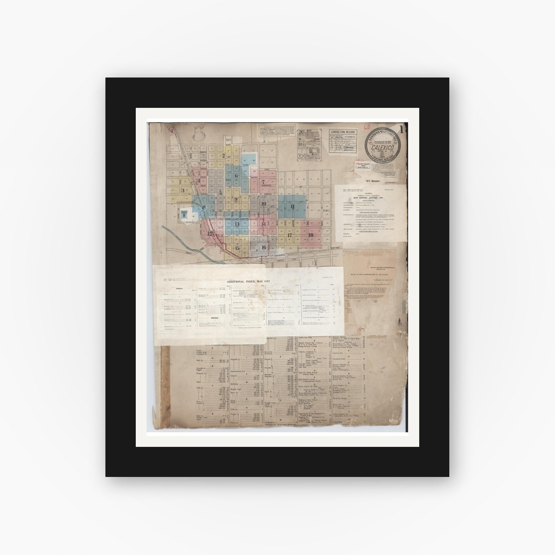 Old map wall art mockup — black gallery frame with white mat — Sanborn Fire Insurance Map from Calexico, Imperial County, California (1956), Sheet #0001