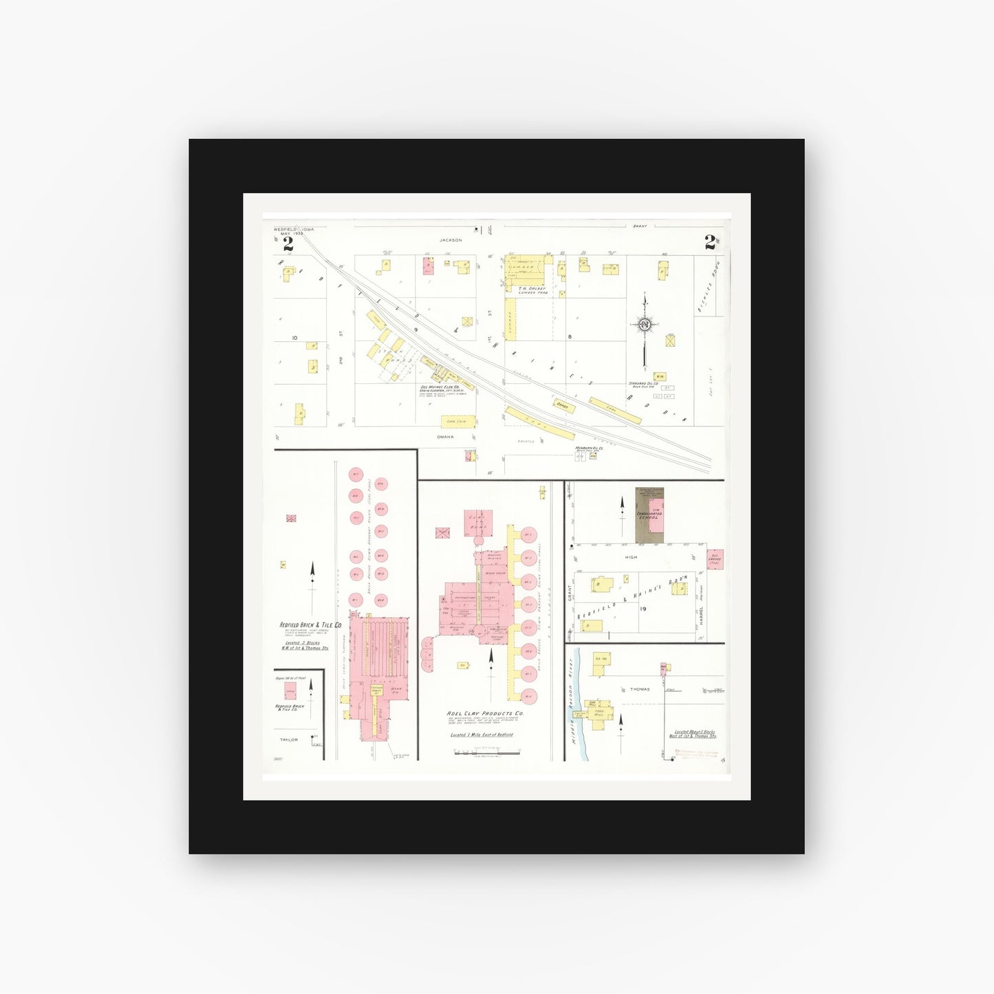 Old map wall art mockup — black gallery frame with white mat — Sanborn Fire Insurance Map from Redfield, Dallas County, Iowa (1933), Sheet #0002