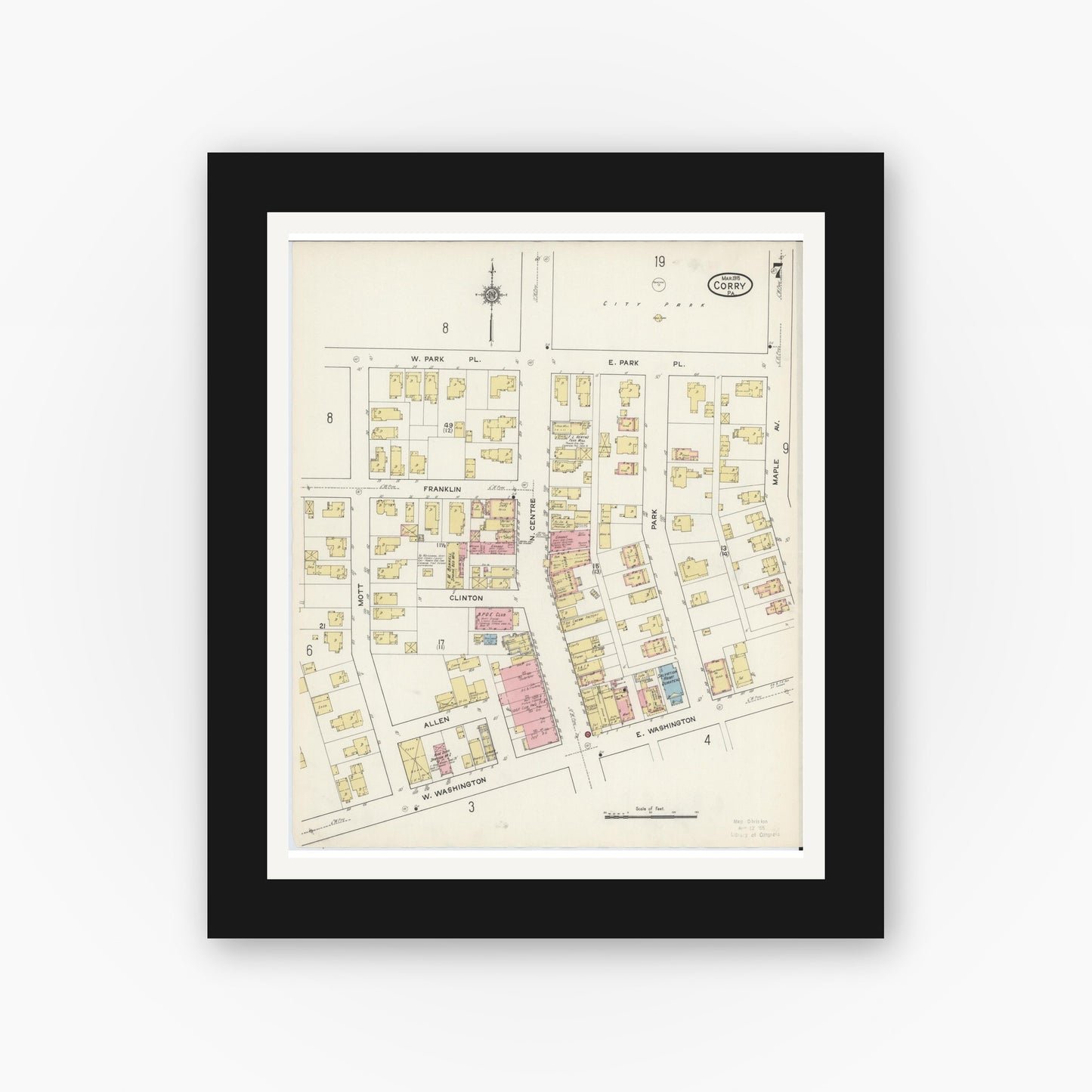 Old map wall art mockup — black gallery frame with white mat — Sanborn Fire Insurance Map from Corry, Erie County, Pennsylvania (1915), Sheet #0007