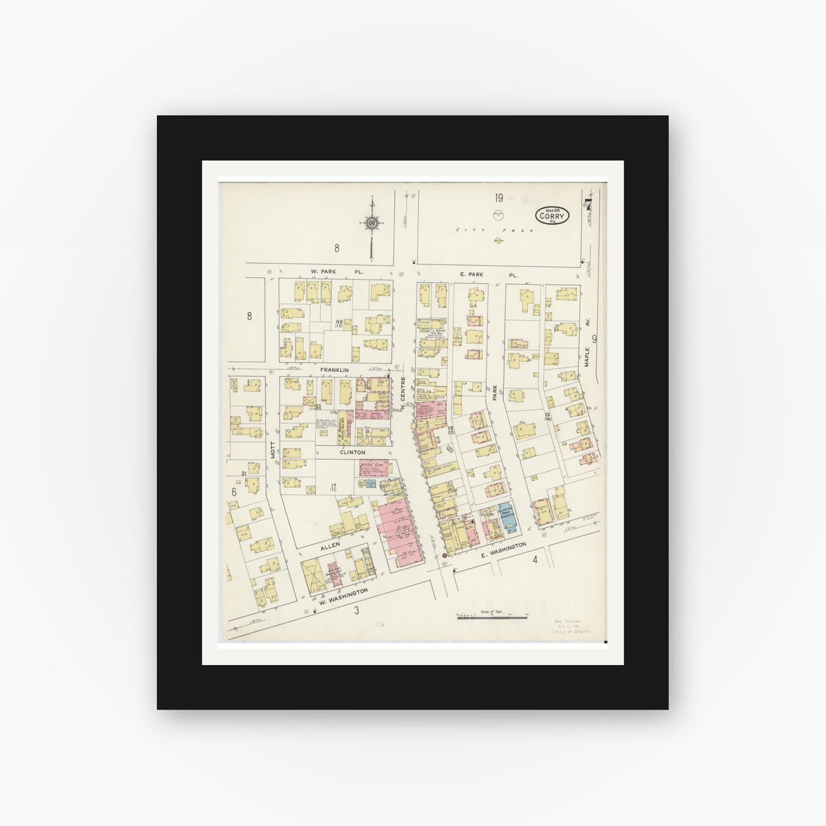 Old map wall art mockup — black gallery frame with white mat — Sanborn Fire Insurance Map from Corry, Erie County, Pennsylvania (1915), Sheet #0007