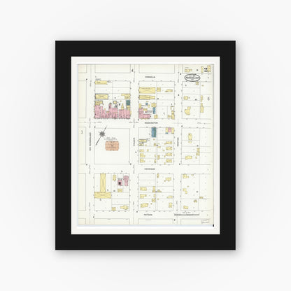Old map wall art mockup — black gallery frame with white mat — Sanborn Fire Insurance Map from Rensselaer, Jasper County, Indiana (1909), Sheet #0002