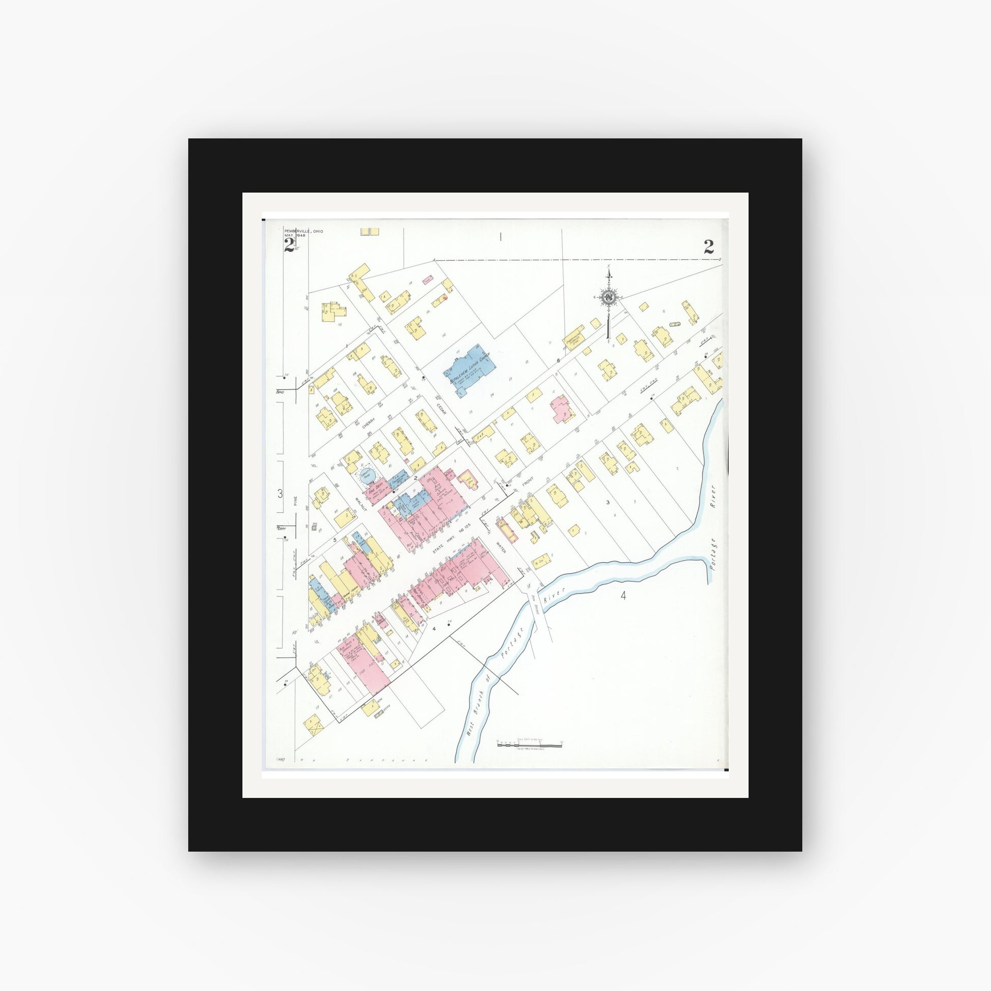 Old map wall art mockup — black gallery frame with white mat — Sanborn Fire Insurance Map from Pemberville, Wood County, Ohio (1948), Sheet #0002
